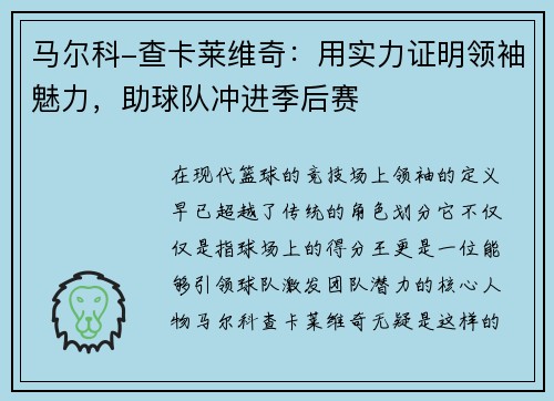 马尔科-查卡莱维奇：用实力证明领袖魅力，助球队冲进季后赛
